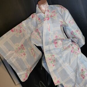 Light Blue Rose Lace Womens Yukata Kimono Floral Summer Japan Vintage Rare Retro